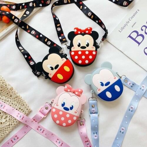 Childrens Silicone Coin Purse Long Rope Diagonal Span Can Be Adjusted Traveling Cute Mickey Minnie Mouse 3D Pattern Storage Bag