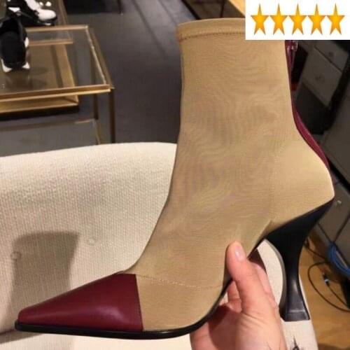 Stretch Fashion Mixed Women Colors Ankle High Heels Square Toe Elegant Ladies Shoes Genuine Leather Patchwork Runway Boots