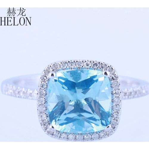 HELON Real 14K White Gold AU585 Certified Cushion 8mm Natural Sky Blue Topaz Diamond Engagement Wedding Ring Women Party Jewelry