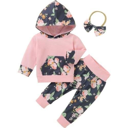 FOCUSNORM 3pcs Baby Girls Lovely Clothes Sets 0-24M Flowers Printed Long Sleeve Hooded Pocket Tops Pants Headband