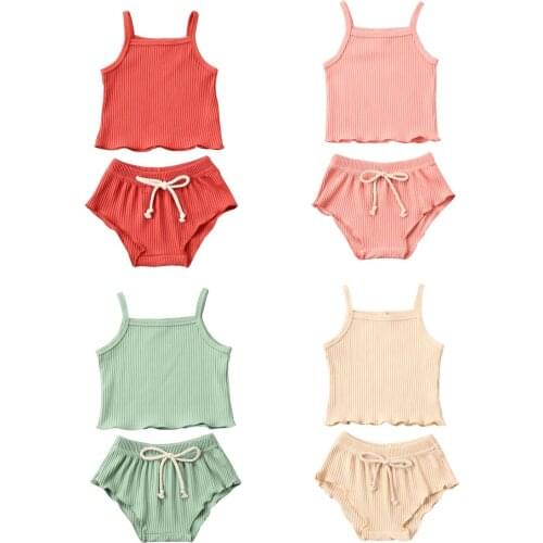 Newborn Toddler Baby Girl Ribbed Solid Clothes Vest Top T-shirt Pants Shorts 2 Pieces Ruffled Edge Outfit Sets 0-18M