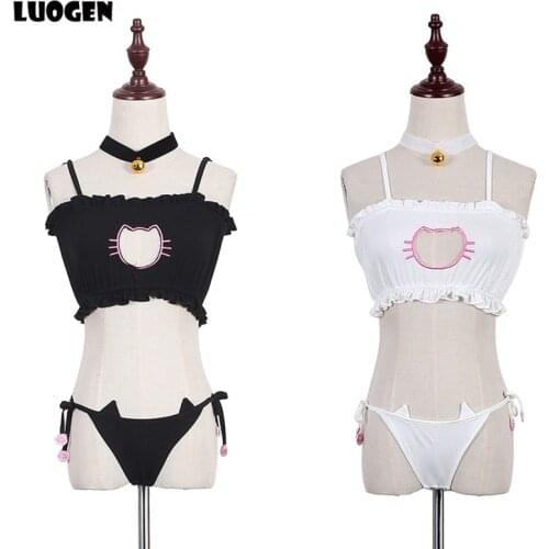 Cute Sexy Neko Cat Open Chest Bra Set Lolita Kawaii Women Hollow Out Paws Underwears Brief Set Sexy Lingerie+Bell Choker 2Colors
