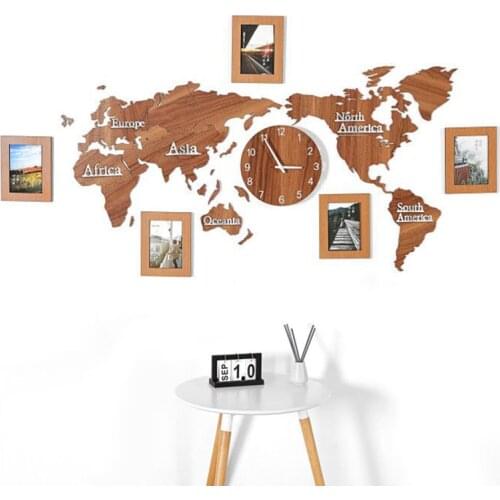 Creative World Map Wall Clock Wall Stickers with Photo Frame Large Wood Wall Clock Modern European Round Mute relogio de parede