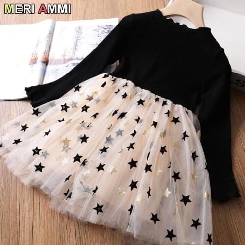 MERI AMMI Baby Children Girl Dressing Full Sleeve Mesh Dresses Star Princess Dresses For 2-10 Year Kids