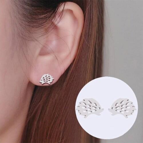 Cute Hedgehog Stud Earrings For Women Girls Fashion Animal Ear Earrings Jewelry Stainless Steel Silver Earring Brincos