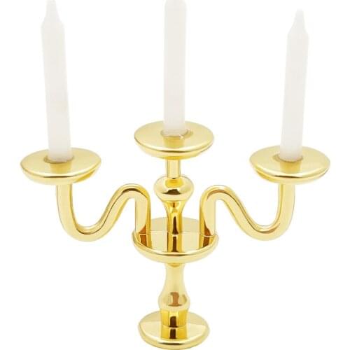 Odoria 1:12 Miniature 3-Arms Candleholder Gold Candlestick Candle Holder Room Home Dollhouse Accessories Doll House Decoration