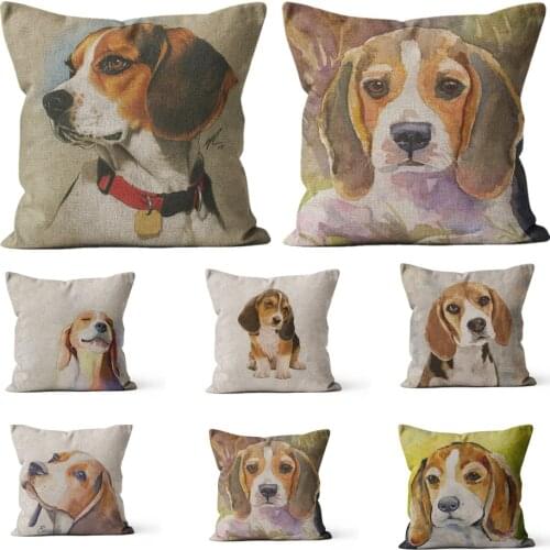 【OSCARMAMA】Dog Animal Pillowcases Cute Beagle Water Color 45*45 40*40 for Children Kids Beige Linen Cushion Cover