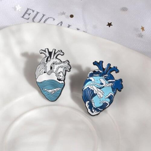 Ocean Anatomical Heart Enamel pins Human Nature Brooches sea wave river Heart Badges Brooches for men women Environmentalist