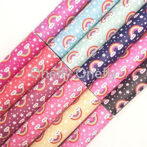 Onefly Rainbow Stars Printed Synthetic Leather, Smiling Cloud Faux Leather Sheets For Bow DIY handbags shoes FZ039