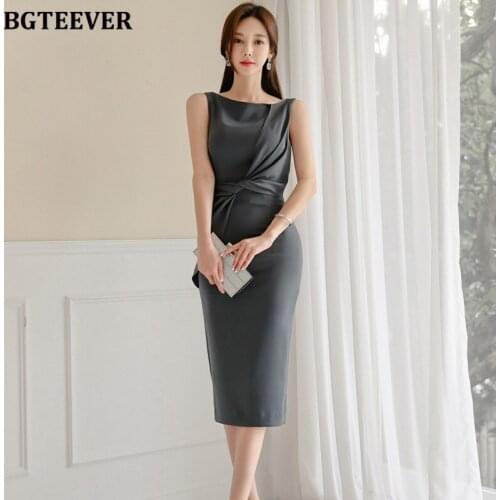 BGTEEVER Elegant O-Neck Slim Waist Women Dress Sheath Ruched Draped Sleeveless Female Dress Bodycon Mid-Calf Vestidos Femme 2021