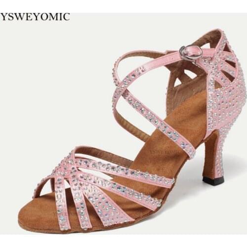 Pink Salsa Dance Shoes Rhinestones meduim heel 7cm Cuban Heel Stable Flexible Soft Suede OutSole Women Latin Dance Shoes