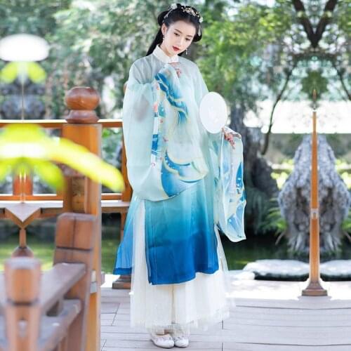 Han element vertical collar slant Lapel large sleeve yarn shirt dream Chiffon bra dress for women performance stage