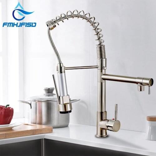 Dual Spout Kitchen Faucets 360 Degree Rotation Spring Pull Down Sprayer Hand Deck Mounted Kitchen Sink Faucet Mixer Taps