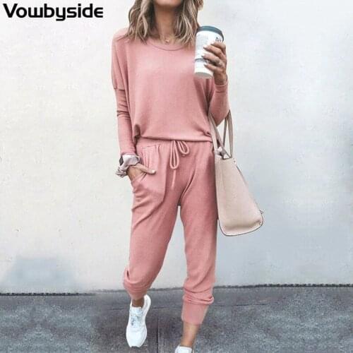 Spring and Autumn Womens Sports Suit Solid Color Loose Long Sleeve Round Neck T-shirt Casual Pant Sets