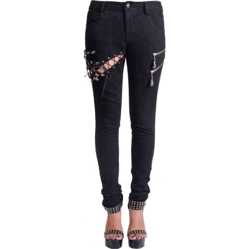 Steampunk Summer Womens Pants Gothic Black Skeleton Printing Broken Hole Jeans Pants Long Trousers With Mid Waist