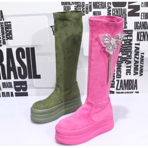 Womens Round Toe Knee Thigh High Boots Platform Wedge High Heel Rhinestones 3D Butterfly Cryrstal Flowers Shoes DIY New 2021