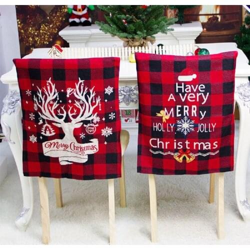 1PC Christmas Chair Cover, Red Plaid Christmas Deer Snowflake Printing Decorative Stool Mat for Family, Hotel, Market
