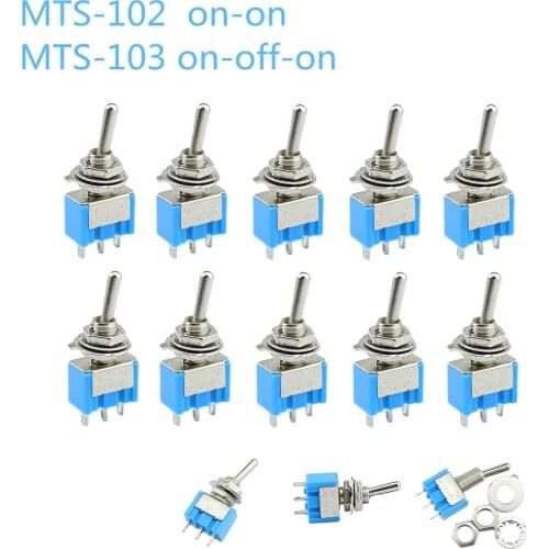 10pc/LOT Blue Mini MTS-102 3-Pin SPDT ON-ON 6A 125VAC Miniature Toggle Switches MTS-103 3-Pin ON-OFF-ON