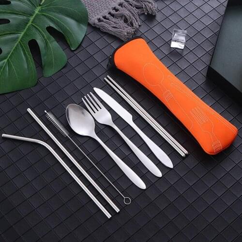 7-piece Stainless Steel Straw Cutlery Set Cutlery Fork Spoon And Chopsticks Portable Set Cutlery Family Travel Camping Tableware