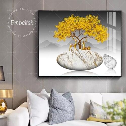 Embelish Abstract Landscapae Wall Pictures Golden Tree Deer Animal White Stones Home Decor Posters HD Print Canvas Paintings