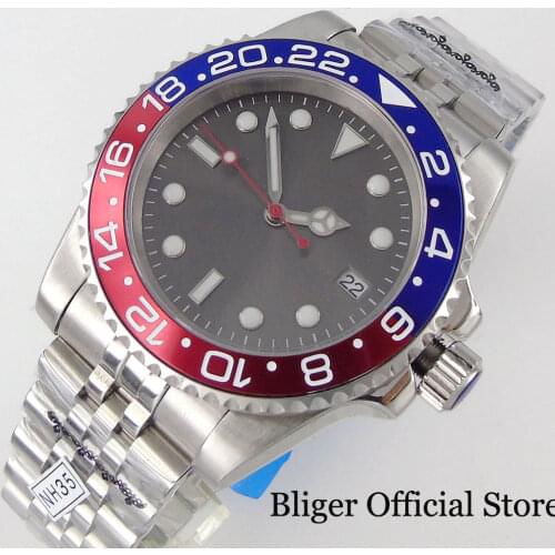 BLIGER Sterile Grey 24 Jewels NH35A Dial Selfwinding Men Watch Red Second Hand Jubilee Band Blue Red Insert No Cyclop