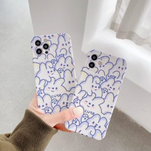 Retro doodle line art bunny kawaii Japanese Phone Case For iPhone 12 11 Pro Max Xr Xs Max 7 8 Plus X 7Plus case Cute Soft cover