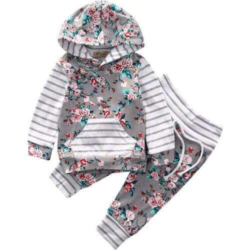 Newborn Baby Kids Boy Girl Cotton Tracksuit Long Sleeve Floral Hooded Sweater Tops Hoodie + Long Pants Outfits Autumn 0-24M