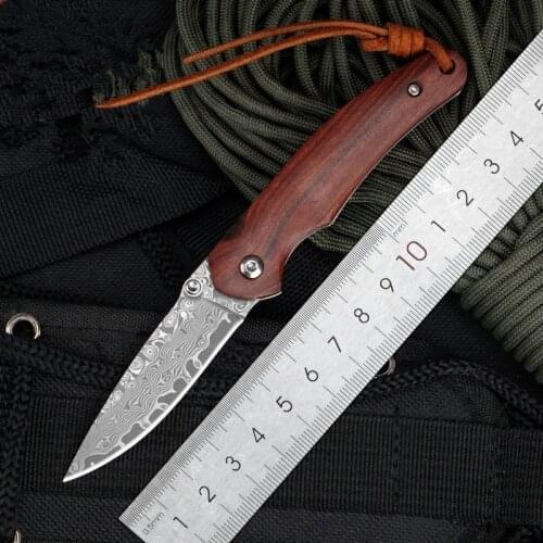 Damascus Pocket Folding fixed blade Knife Wood Handle Tactical Self-defense Knife Hunting Camping Survival EDC Rescue Tools