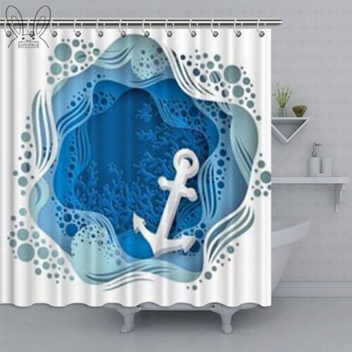 Navigation Blue Anchor Rudder Bathroom Curtain Mediterranean Geometric Wave Shower Curtain Polyester Fabric Bath Curtain Shower