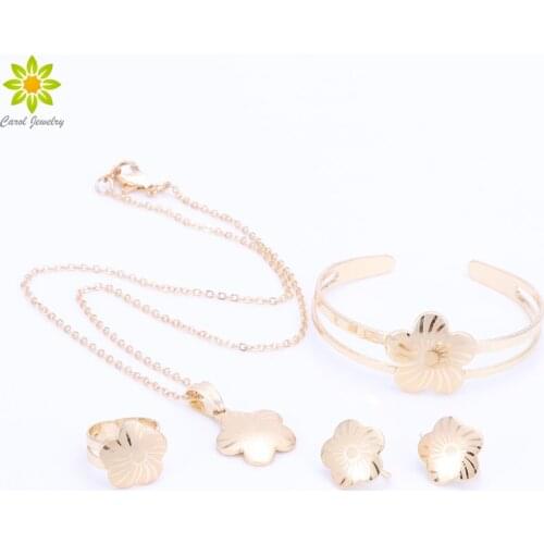Baby Girls Jewelry Sets Children Gifts Gold Color Kids Jewelry Set Flower Pendant Necklace Earrings Bangle Ring