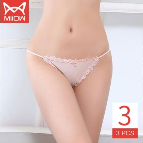 MiiOW Ice Silk Underwear Women Pure Cotton Antibacterial Crotch Thin Section Ladies Sexy Lace Low Waist Tummy Thong Briefs