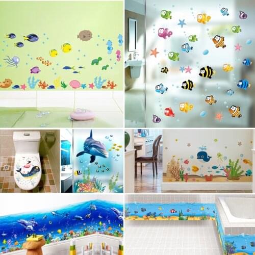 Cartoon Fish Seabed Wold Wall Sticker Childrens Room Bathroom Home Decoration Waterproof Animal Skirting Board Diy Toilet Decal