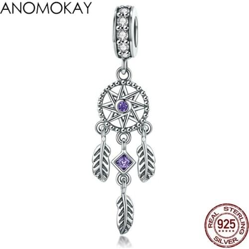 100% 925 Sterling Silver Dream Catcher Charm Pendant fit Bracelet & Necklace Shinny White & Purple CZ Bead Pendant Jewelry Gift