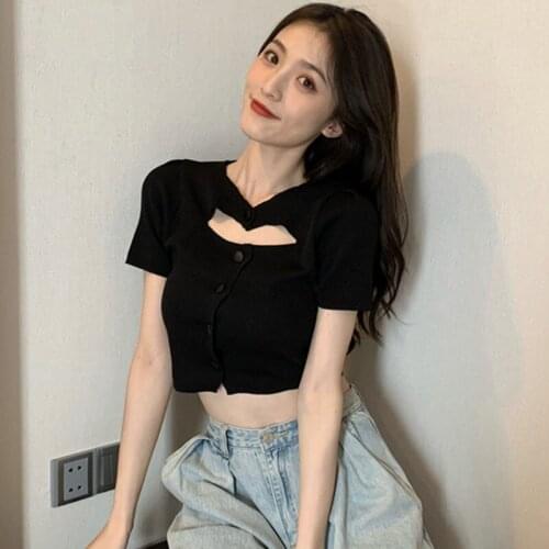 Casual Short Sleeve T-shirts Women Knitted Short Tops Female Sexy Hollow T-shirt