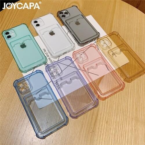 Clear Card Holder Phone Case For iPhone 12 11 Pro Max XR X XS 7 8 Plus SE Mini Candy Color Soft TPU Credit Slot Back Cover Coque