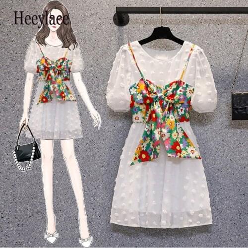 Plus size women Summer midi dresses 2021 white mesh short sleeve dresses and print bow straps vest dress suits sweet korean robe