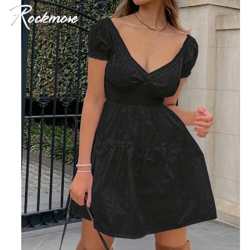 Rockmore Black Summer Sweet Party Mini Dresses Short Sleeve Women Sexy V-neck Bodycon Sundress Streetwear Y2K Vintage Clothing
