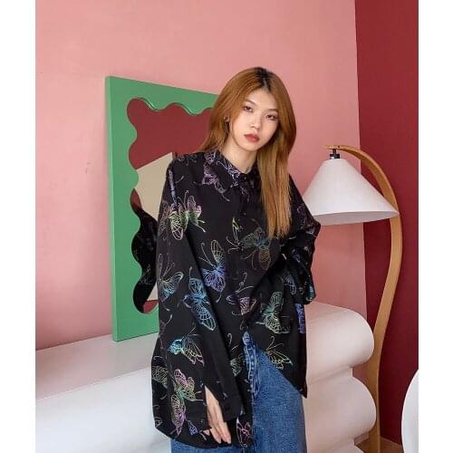 Street Port style full Printed Butterfly Long Sleeve Shirt Mens and womens style early autumn 2021 new loose trend shirts