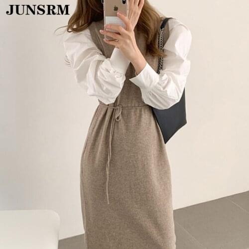 Vintage Puff Sleeve Knitted Midi Dress Women Retro Waist Was Thin Patchwork O-Neck Sweater Dress Femme Lace-Up A-Line Vestidos