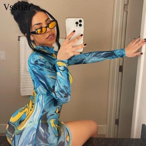 Vsstiar Tie Dye Summer Mini Dress Women Long Sleeve Print Beach Outfits Fashion See Through Club Bodycon Sexy Party Mesh Dresses