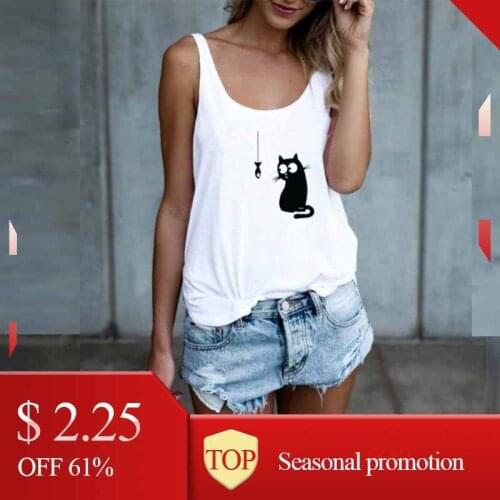 Summer tops for women 2019 Fashion Women fashion Cat Print Casual Tank Top Sleeveless girl O Neck Shirt vestidos mujer verano