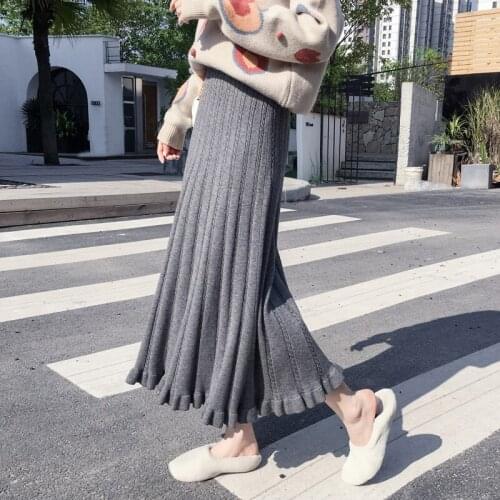 Hstar Fashion 2021 Women Autumn Winter Warm Ruffle Sweater Skirts Elastic Band High Waist Midi Long A-Line Knitted Skirt
