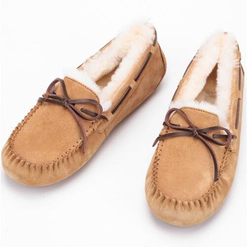 Plus Size Winter Womens Shoes Genuine Leather Wool Snow Shoes Brand Classic Warm Flat Casual Shoes Ladies Driving Shoes Loafers