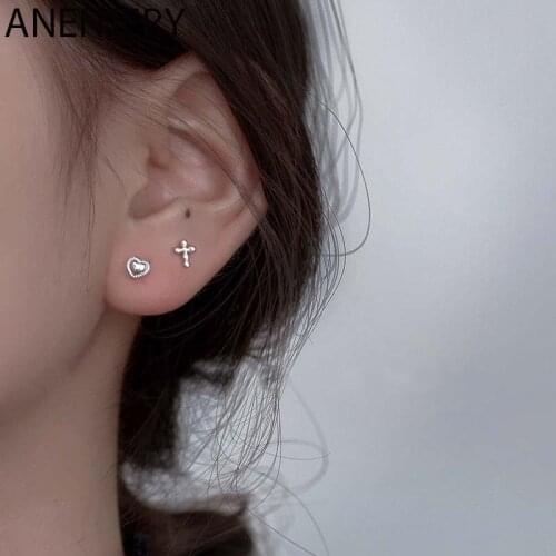ANENJERY Small Cute 925 Sterling Silver Heart Cross Asymmetric Stud Earrings for Women Daily Jewelry 2020 New S-E1304