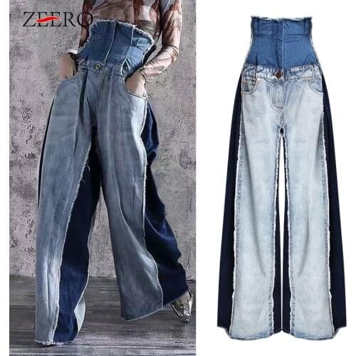 Fashion Tide Plus Size Women Runway High Waist Jeans Loose Hit Color Denim Pocket Wide Leg Long Jean Pants Streetwear Trousers