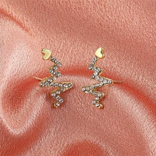 Trendy Charm Gold Color Wavy ECG Crystal Earrings Womens Stud Earring Unique Fashion Party Jewelry Accessories Gifts