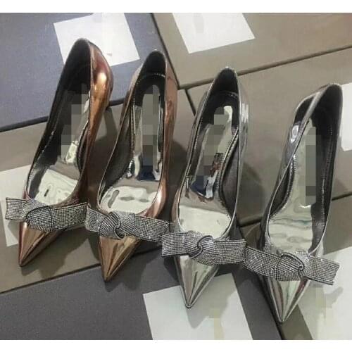 Bling bling INS hot mirror silver leather woman high heel rhinestones bow pointed toe dress shoes gold silver color 10CM heel