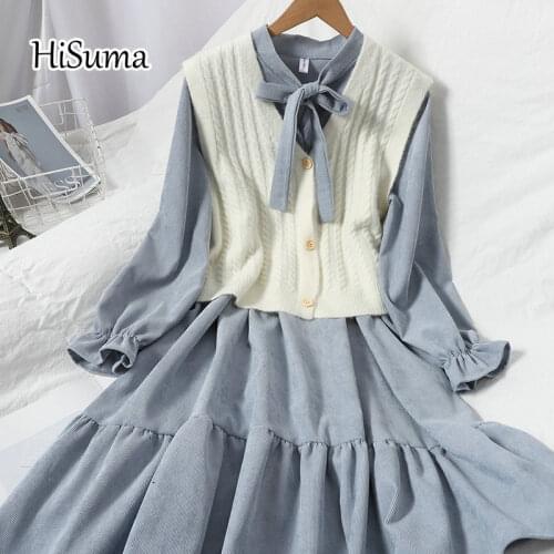 2021 spring autumn new women V-neck knitting vest sweater + puff sleeve lace-up Corduroy A-line dress suit female two piece set