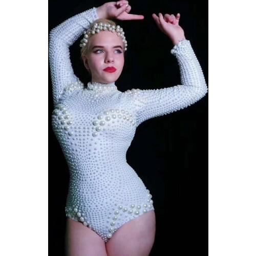 Long Sleeve White Pearls Women Bodysuits Backless Evening Pole Dance Outfit Nightclub Party Singer Stage Performance Costume