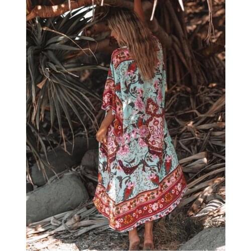 Happie Queens Women peacock print bat sleeve beach Bohemian Kimono robe Ladies V neck Tassel Summer happie dress vestidos